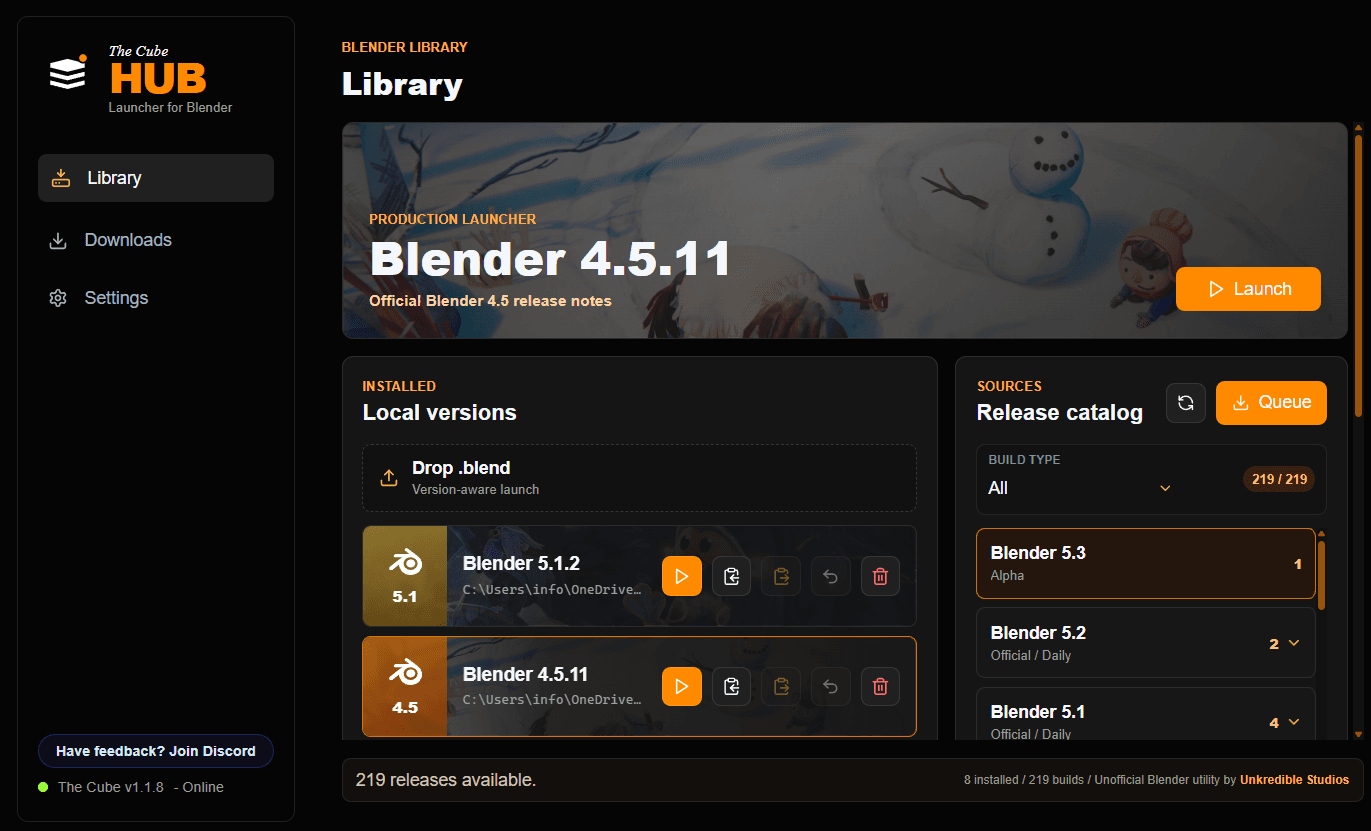 The Cube Hub library showing official Blender versions available to download and launch